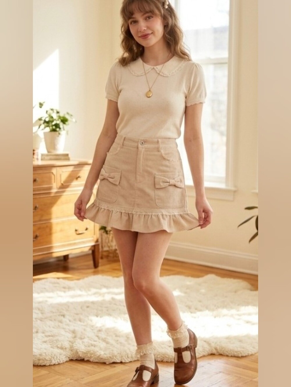 Cream Corduroy Ruffle Mini Skirt Size L Large Coquette Dollette Lace Bow Pocket